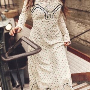 Free People Dress Womens XL Maxi Ivory Floral Boho Romantic Vtg-Inspired Western